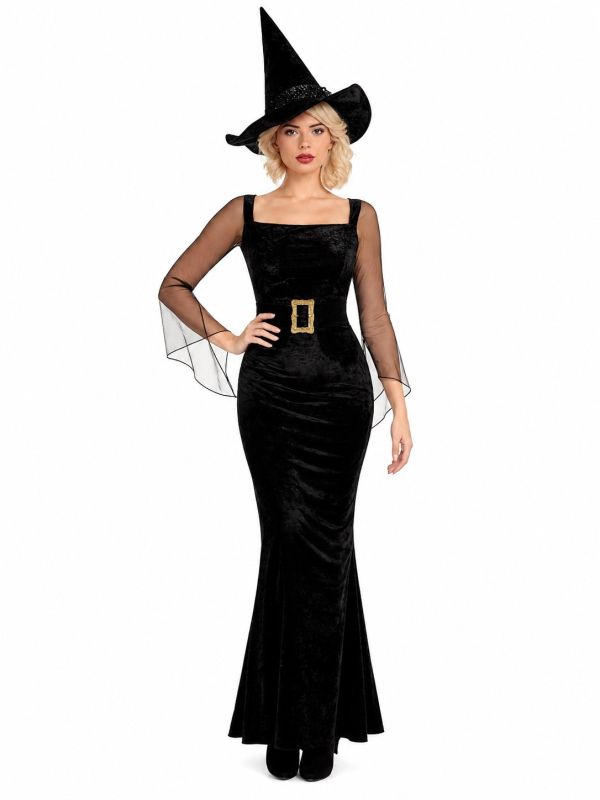 Déguisement sorcière femme noir et doré – Robe longue et chapeau