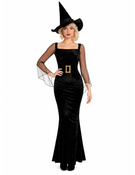 Déguisement sorcière femme noir et doré – Robe longue et chapeau