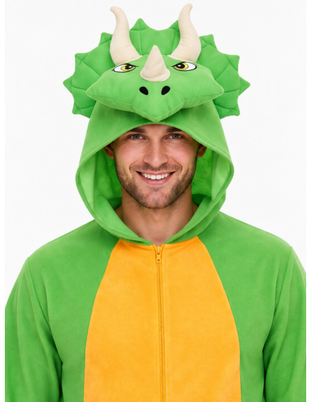 Déguisement dinosaure Triceratops adulte vert – Combinaison à capuche