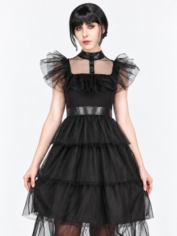 Robe gothique de bal femme noire à volants – Style Mercredi