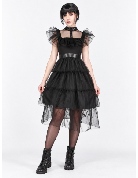 Robe gothique de bal femme noire à volants – Style Mercredi de face