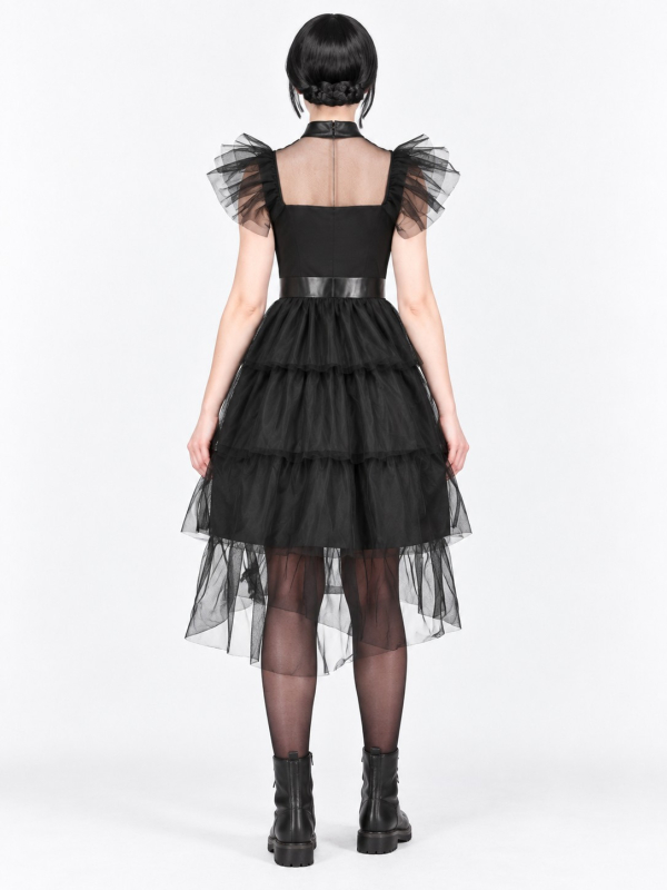 Robe gothique de bal femme noire à volants – Style Mercredi de dos