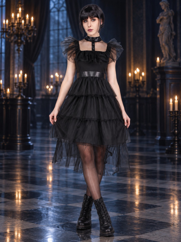 Robe gothique de bal femme noire à volants – Style Mercredi ds un bal