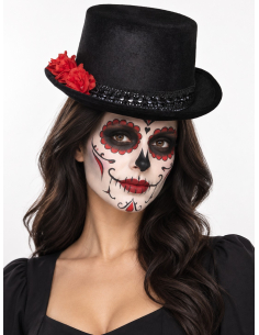 Chapeau haut de forme jour deChapeau haut-de-forme Dia de los Muertos noir et rouge adulte morts noir adulte (Mixte) 2