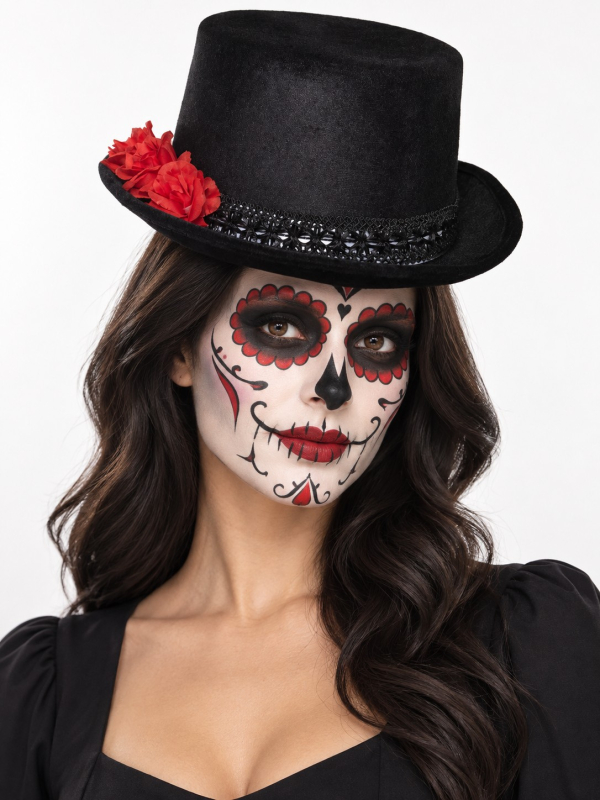 Chapeau haut de forme jour deChapeau haut-de-forme Dia de los Muertos noir et rouge adulte morts noir adulte (Mixte) femme