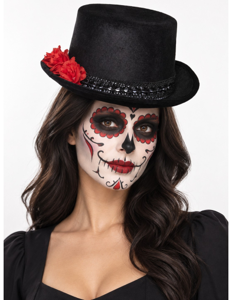 Chapeau haut de forme jour deChapeau haut-de-forme Dia de los Muertos noir et rouge adulte morts noir adulte (Mixte) femme