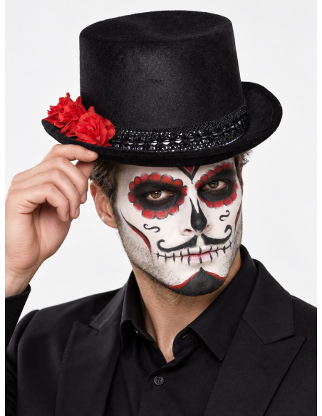 Chapeau haut de forme jour deChapeau haut-de-forme Dia de los Muertos noir et rouge adulte morts noir adulte (Mixte) homme