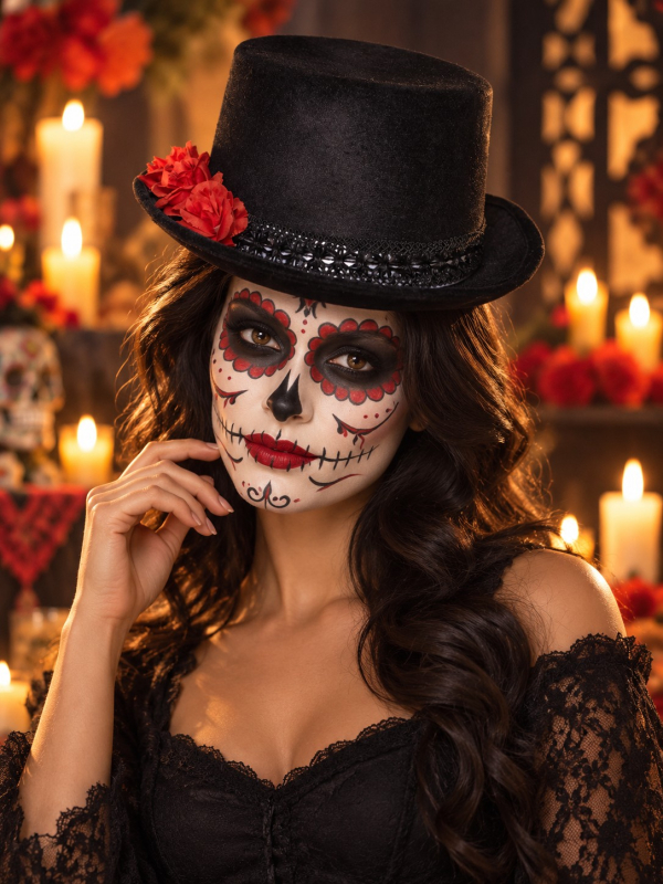 Chapeau haut de forme jour deChapeau haut-de-forme Dia de los Muertos noir et rouge adulte morts noir adulte (Mixte)