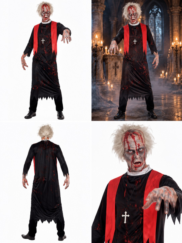 Déguisement prêtre zombie homme pour Halloween toutes vues