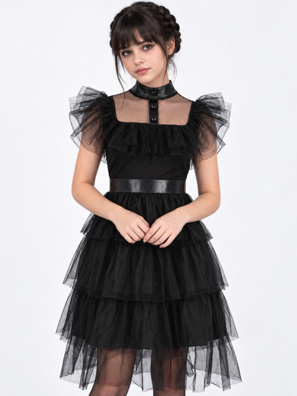 Robe gothique de bal fille noire à volants – Style Mercredi