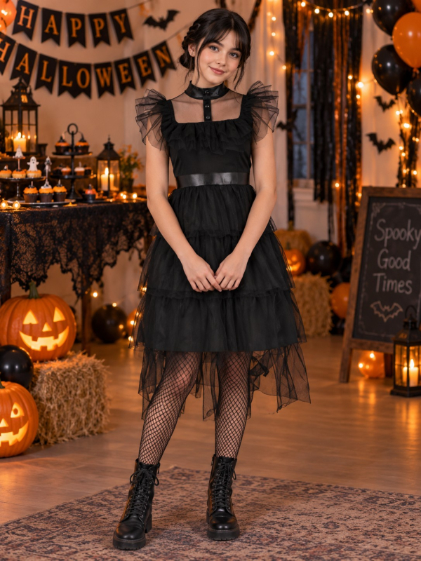 Robe gothique de bal fille noire à volants – Style Mercredi