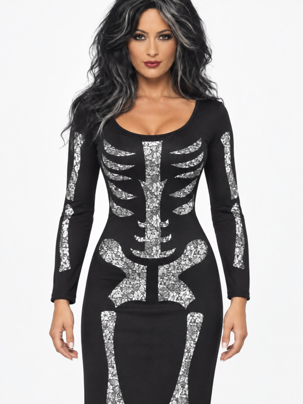 Déguisement squelette femme Halloween – Robe longue noire