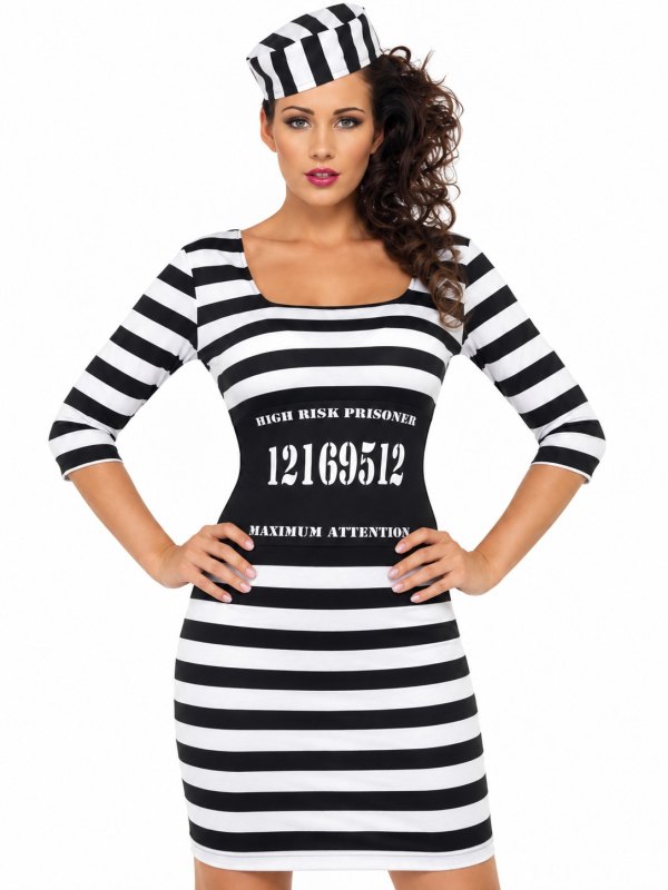 Déguisement prisonnière femme avec robe rayée et calot, détail