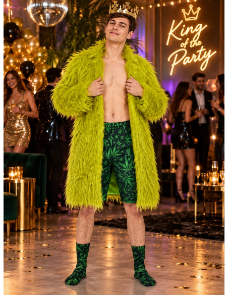 Déguisement roi du cannabis homme vert – Manteau, short, chaussettes et couronne