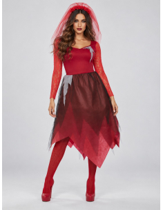 Déguisement mariée zombie femme rouge pour Halloween face