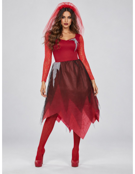 Déguisement mariée zombie femme rouge pour Halloween face