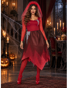 Déguisement mariée zombie femme rouge pour Halloween face 2