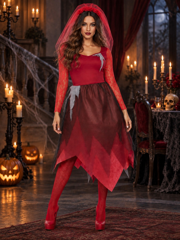 Déguisement mariée zombie femme rouge pour Halloween