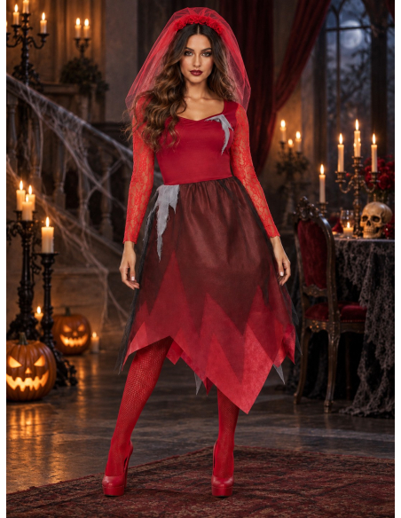 Déguisement mariée zombie femme rouge pour Halloween