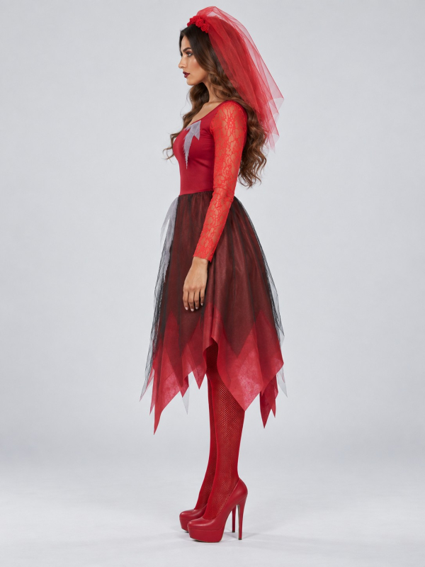 Déguisement mariée zombie femme rouge pour Halloween profil