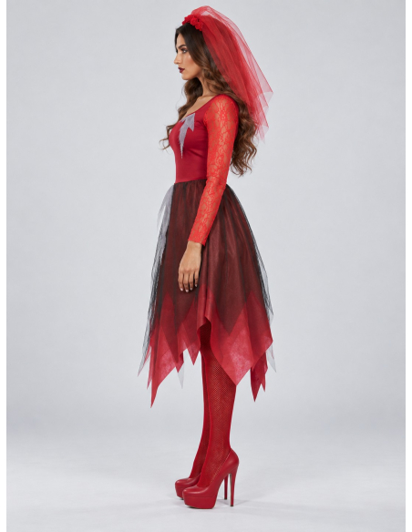 Déguisement mariée zombie femme rouge pour Halloween profil