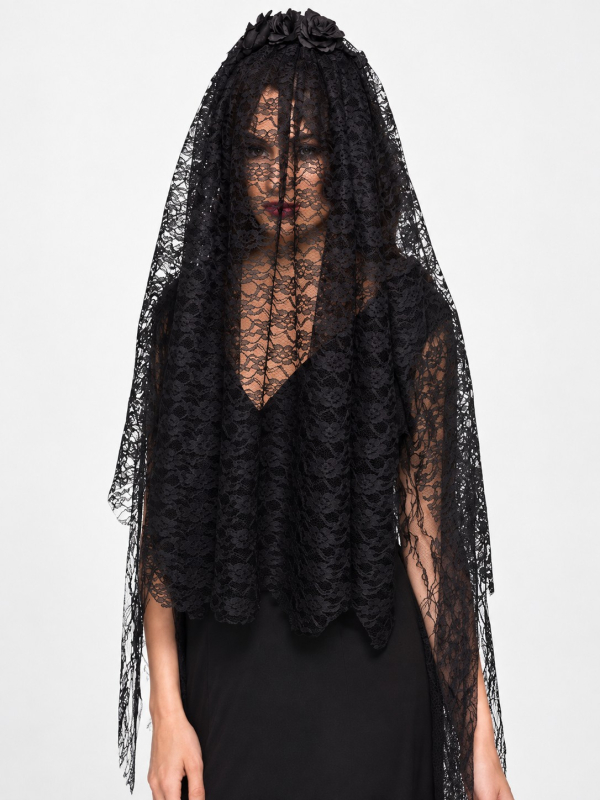 Voile noir gothique femme avec fleurs – Veuve noire Hallowee