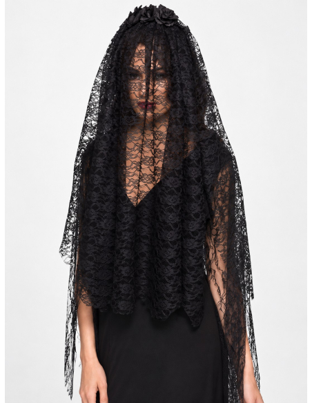 Voile noir gothique femme avec fleurs – Veuve noire Hallowee