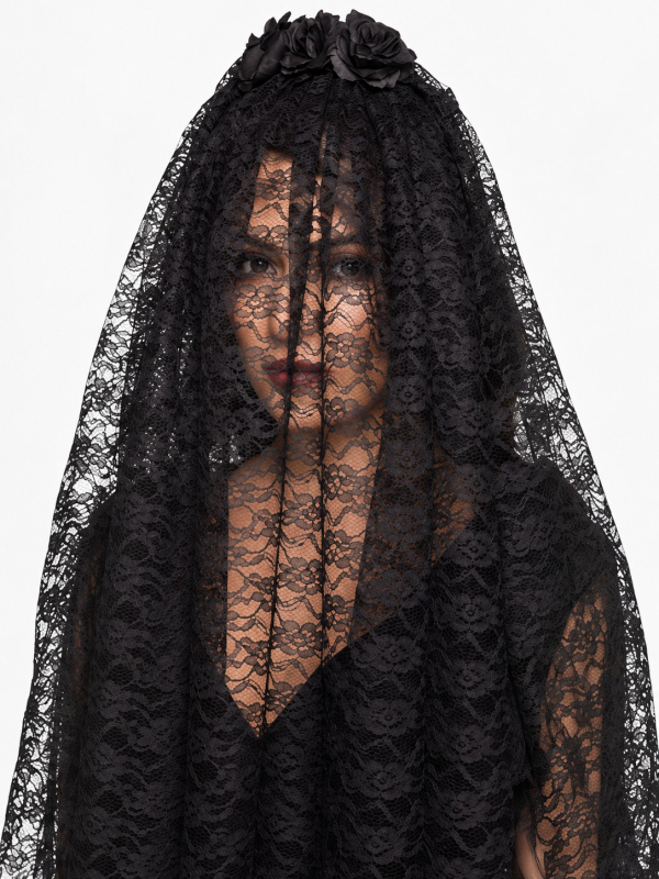 Voile noir gothique femme avec fleurs – Veuve noire Hallowee