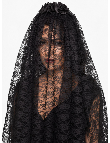 Voile noir gothique femme avec fleurs – Veuve noire Hallowee