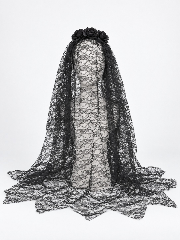 Voile noir gothique femme avec fleurs – Veuve noire Hallowee