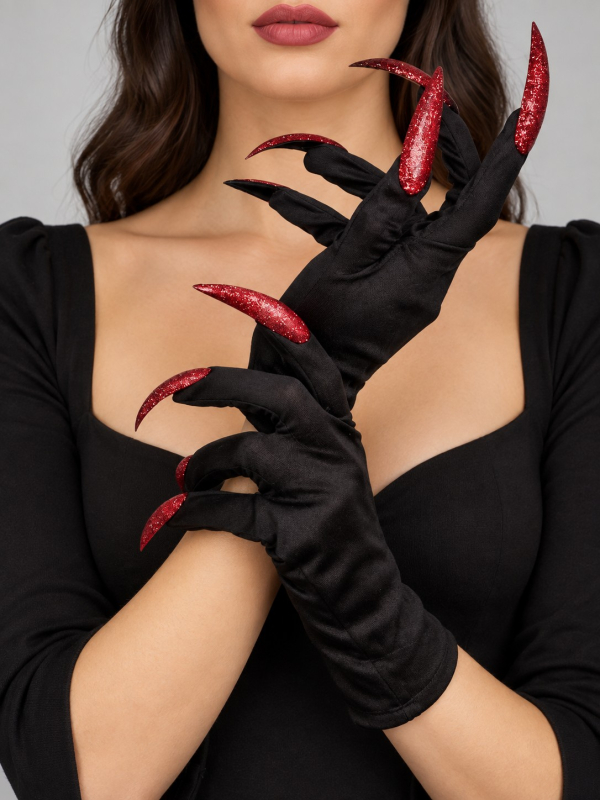 Gants Halloween noirs avec longues griffes rouges pailletées