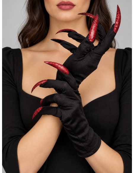 Gants Halloween noirs avec longues griffes rouges pailletées