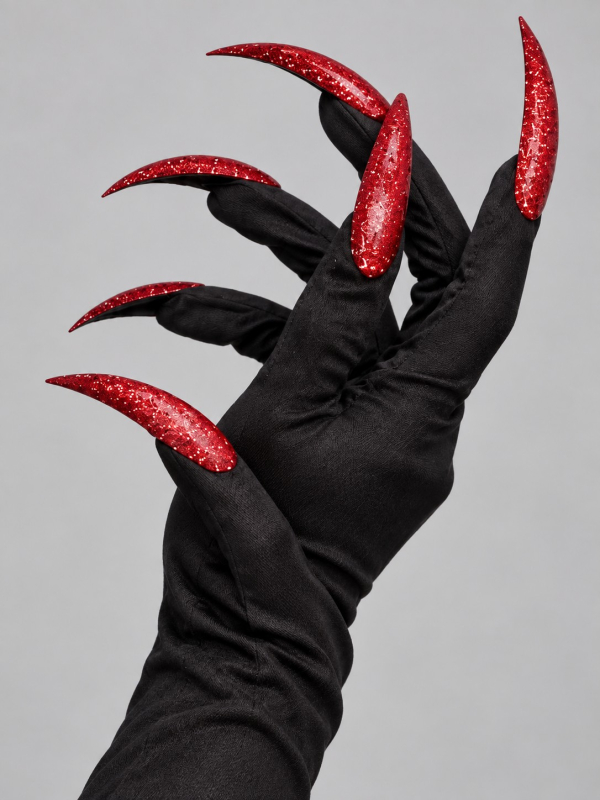 Gants Halloween noirs avec longues griffes rouges pailletées