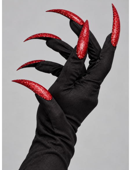 Gants Halloween noirs avec longues griffes rouges pailletées