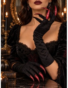 Gants Halloween noirs avec longues griffes rouges pailletées