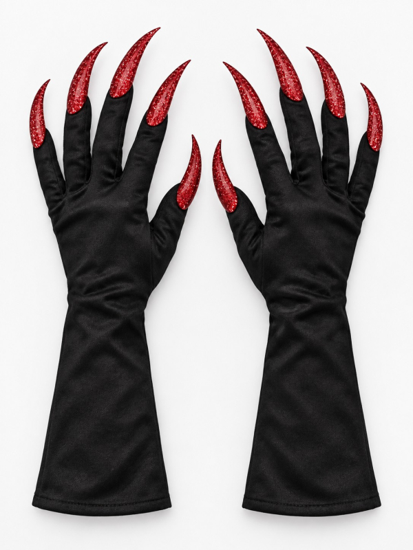 Gants Halloween noirs avec longues griffes rouges pailletées