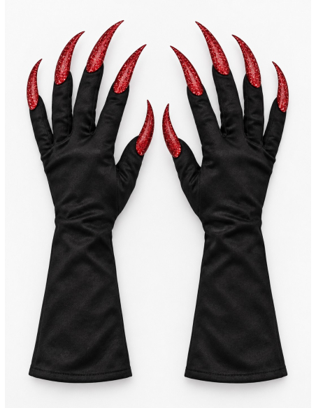 Gants Halloween noirs avec longues griffes rouges pailletées