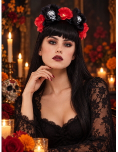 Serre-tête Jour des Morts femme avec roses et crânes