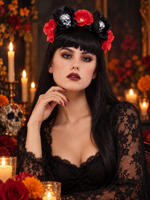 Serre-tête Jour des Morts femme avec roses et crânes