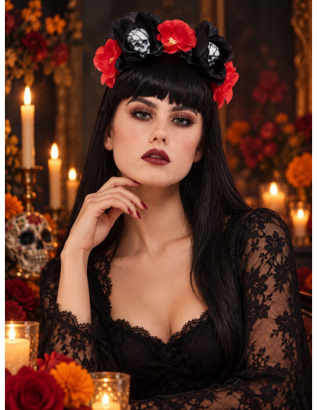 Serre-tête Jour des Morts femme avec roses et crânes