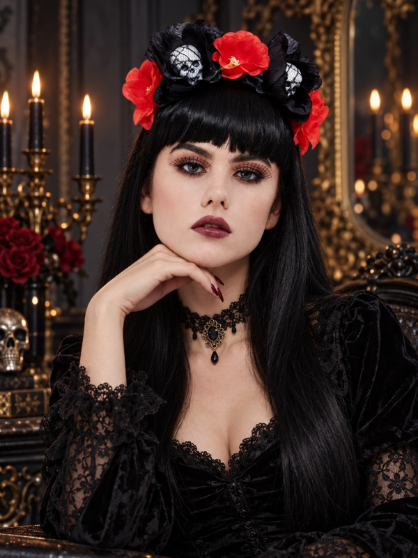 Serre-tête Jour des Morts femme avec roses et crânes