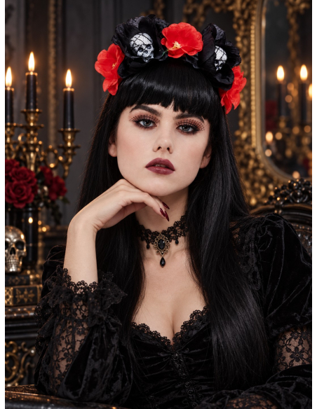 Serre-tête Jour des Morts femme avec roses et crânes
