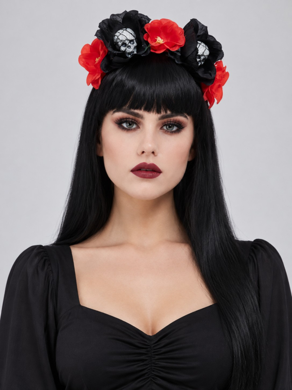 Serre-tête Jour des Morts femme avec roses et crânes
