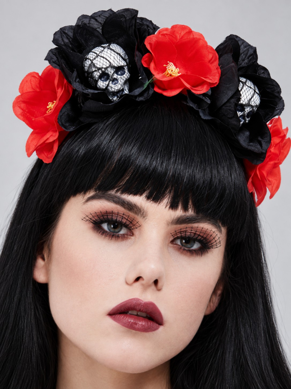 Serre-tête Jour des Morts femme avec roses et crânes