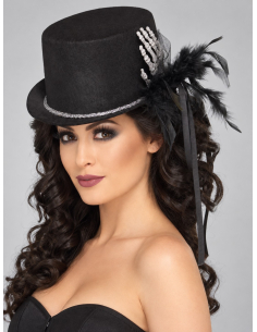Haut-de-forme squelette femme noir avec plumes