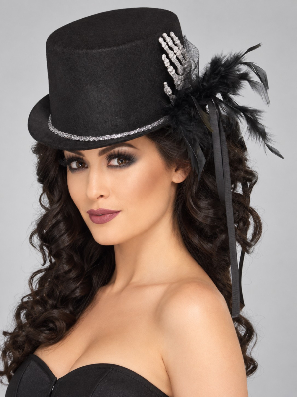 Haut-de-forme squelette femme noir avec plumes