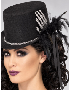 Haut-de-forme squelette femme noir avec plumes 2
