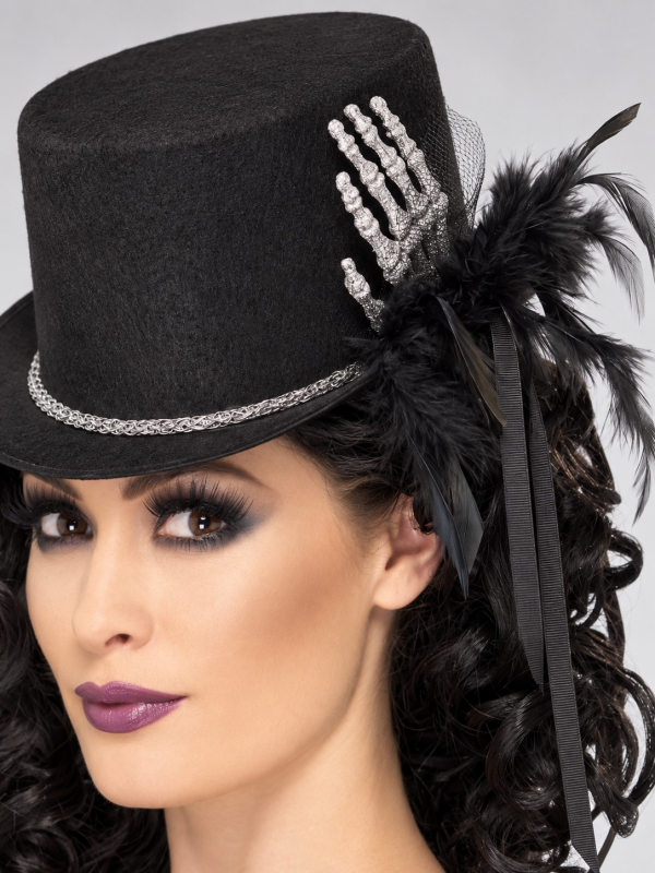 Haut-de-forme squelette femme noir avec plumes