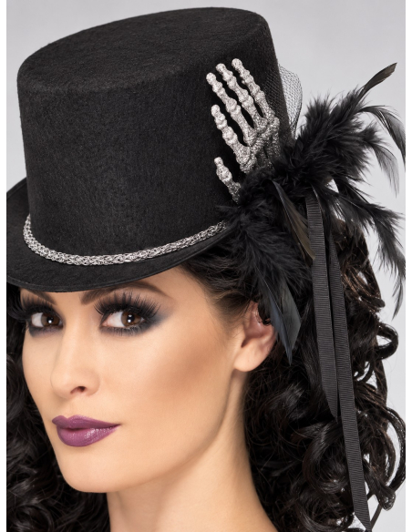 Haut-de-forme squelette femme noir avec plumes