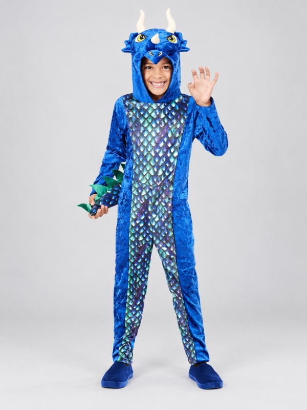 Déguisement dinosaure bleu enfant avec capuche face